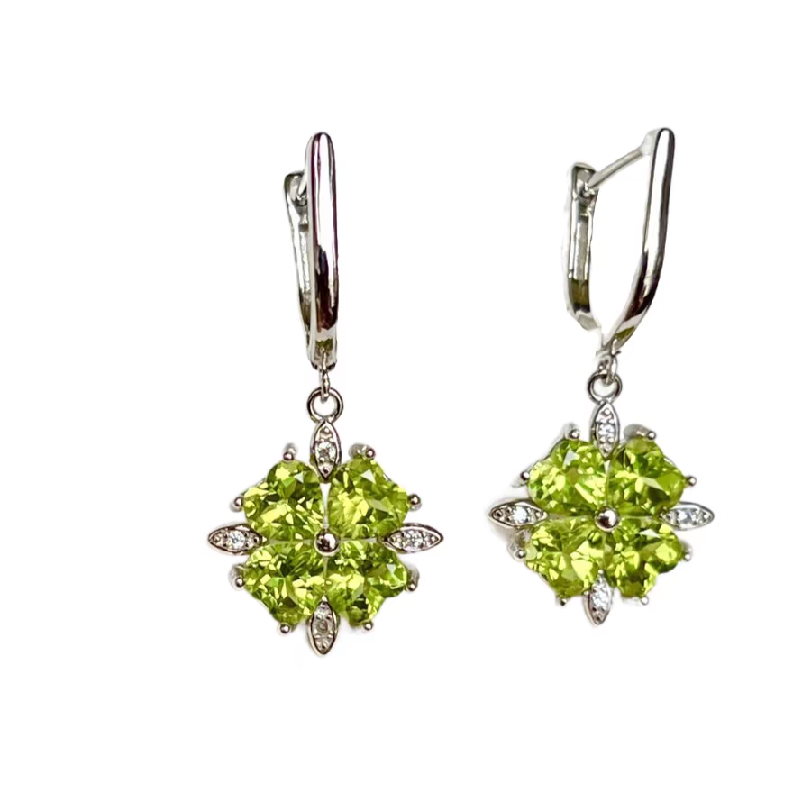 Sterling Silver S925 Natural Peridot Gemstone Four-leaf Clover Earrings