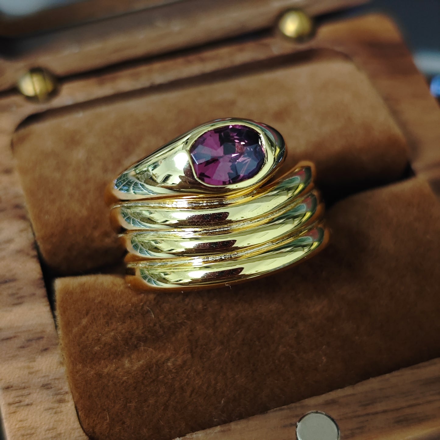 Thick Gold Plated Sterling Silver S925 Natural Red Garnet Snake Ring