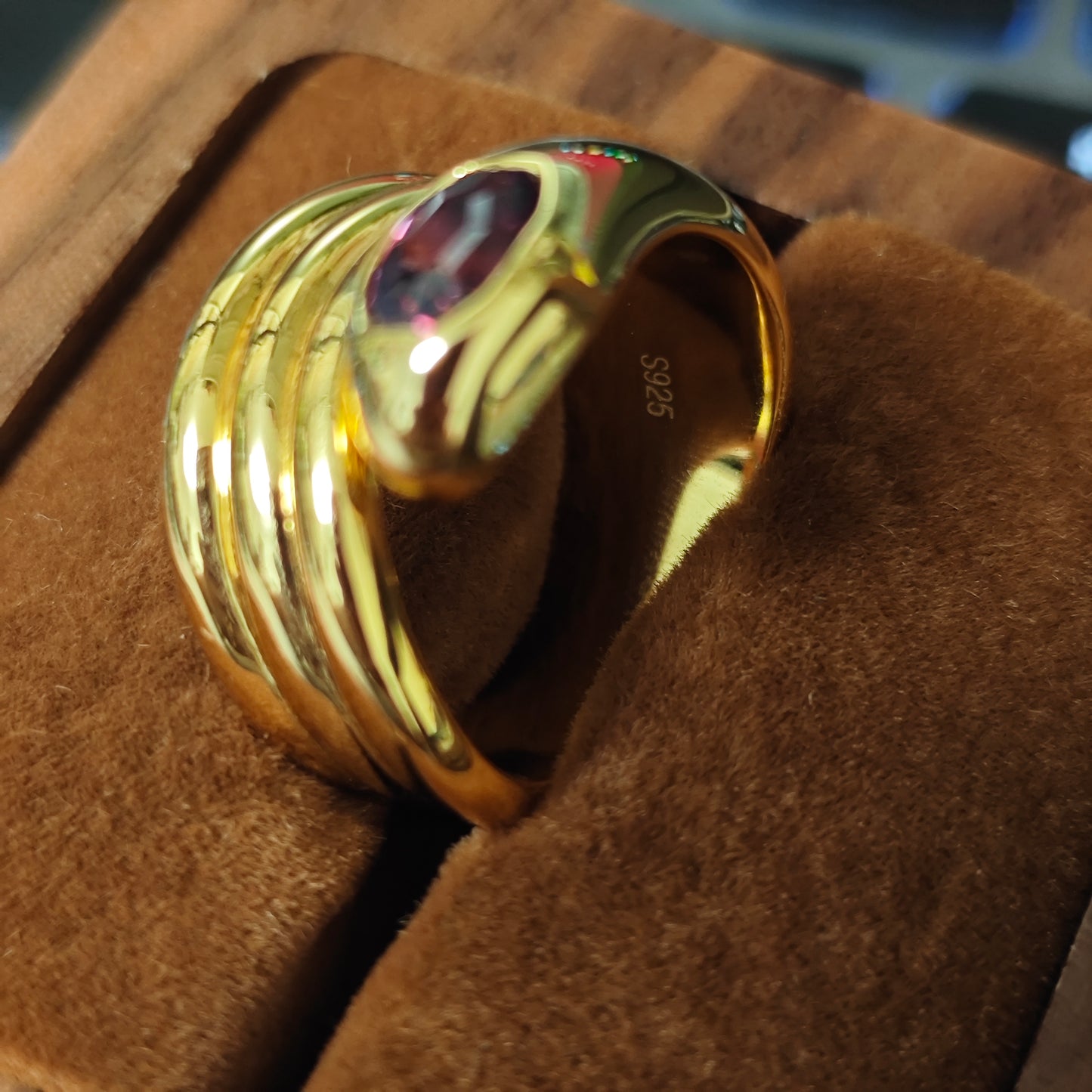 Thick Gold Plated Sterling Silver S925 Natural Red Garnet Snake Ring