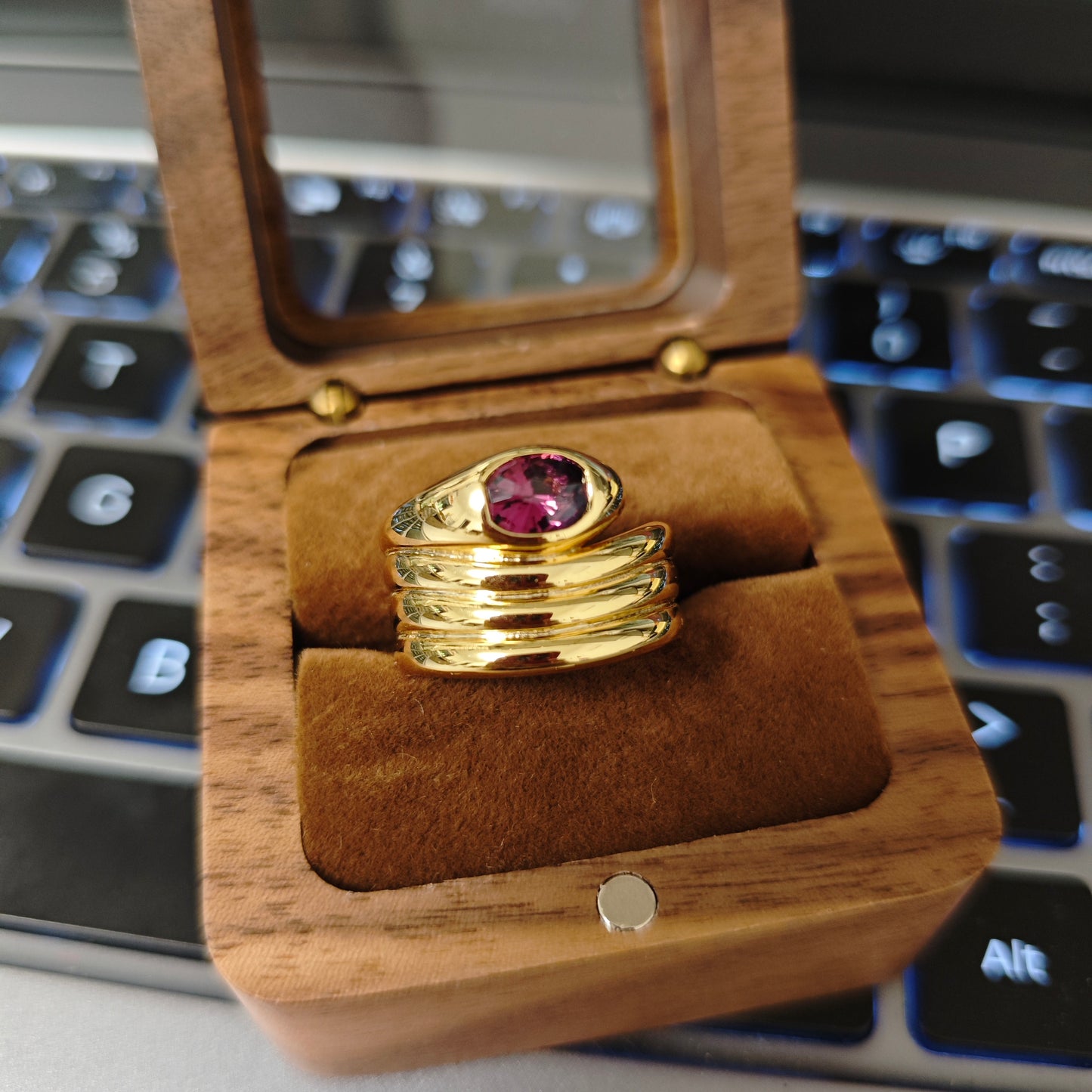 Thick Gold Plated Sterling Silver S925 Natural Red Garnet Snake Ring