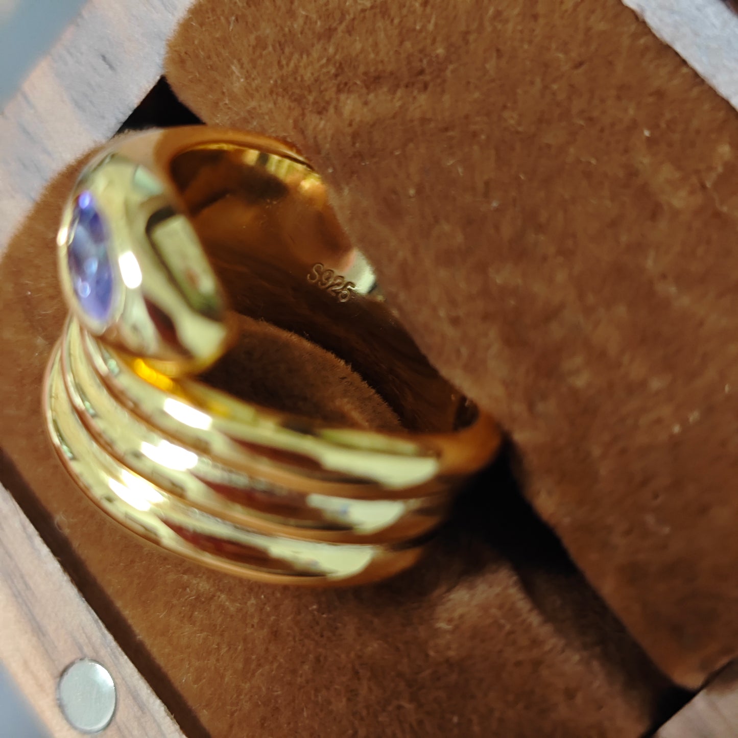 Thick Gold Plated Sterling Silver S925 Natural Purple Sapphire Snake Ring