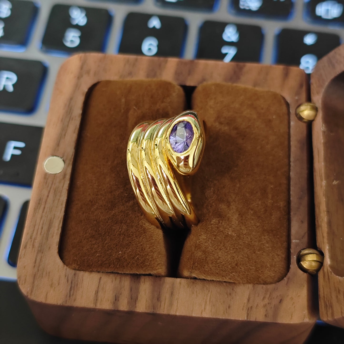 Thick Gold Plated Sterling Silver S925 Natural Purple Sapphire Snake Ring