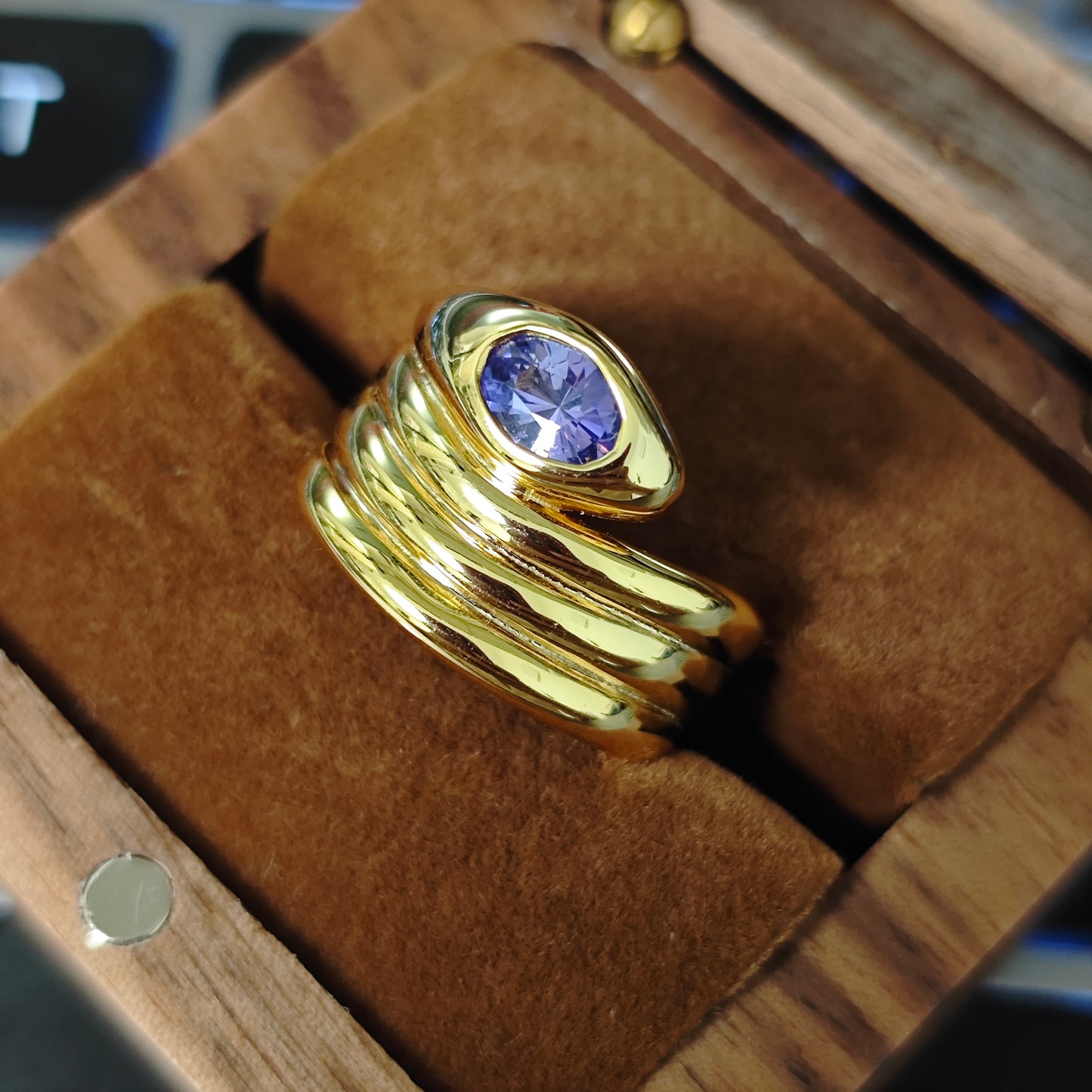 Thick Gold Plated Sterling Silver S925 Natural Purple Sapphire Snake Ring