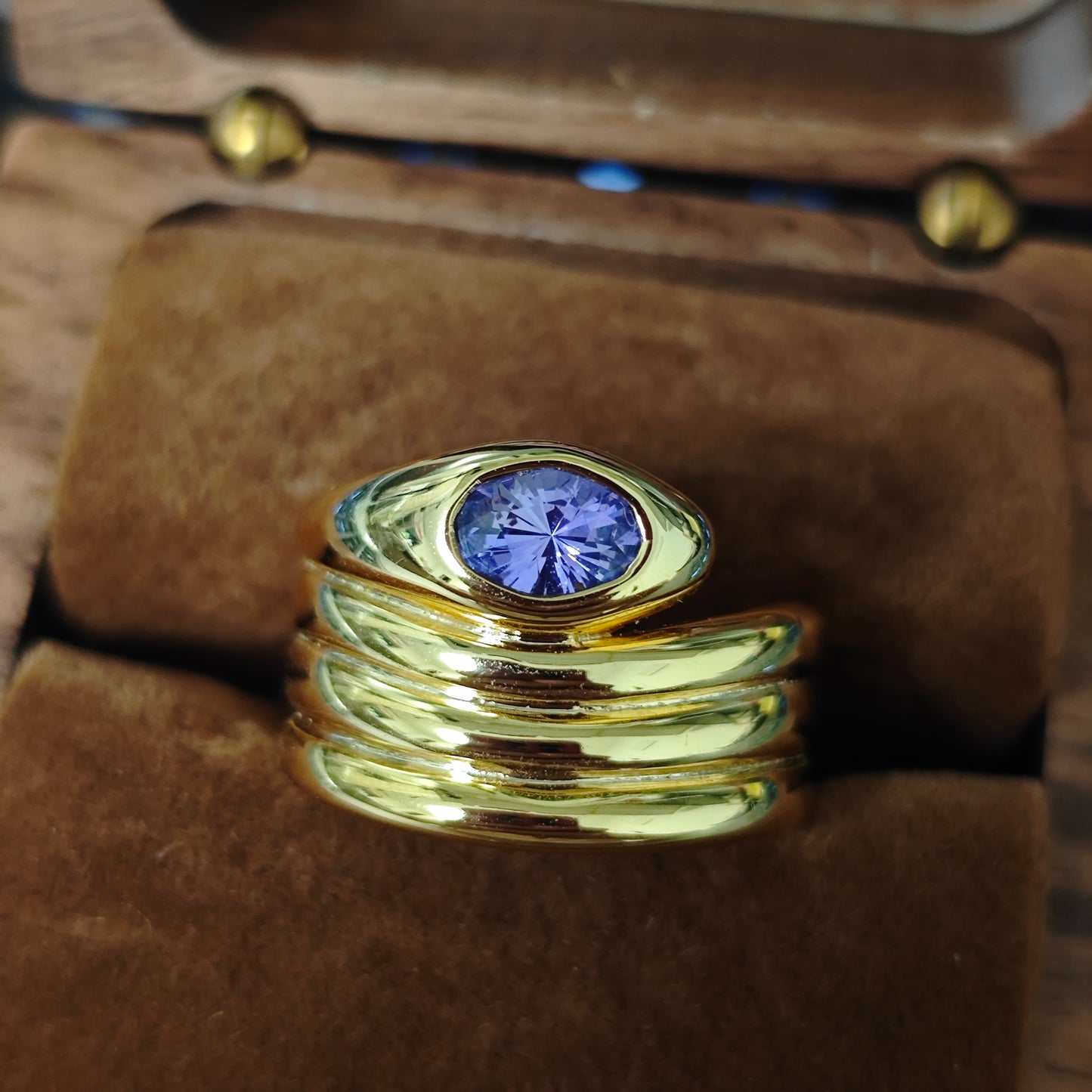 Thick Gold Plated Sterling Silver S925 Natural Purple Sapphire Snake Ring