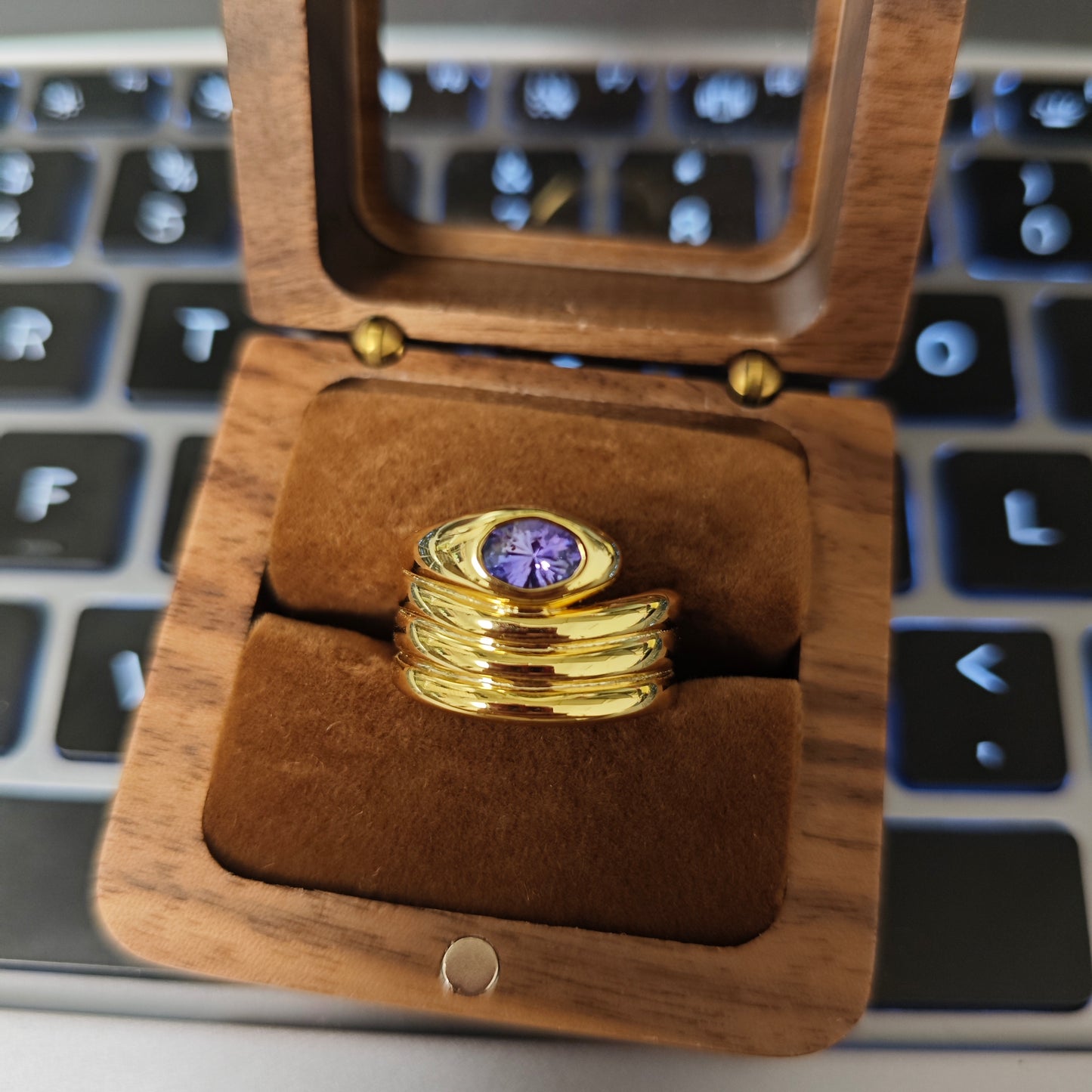 Thick Gold Plated Sterling Silver S925 Natural Purple Sapphire Snake Ring