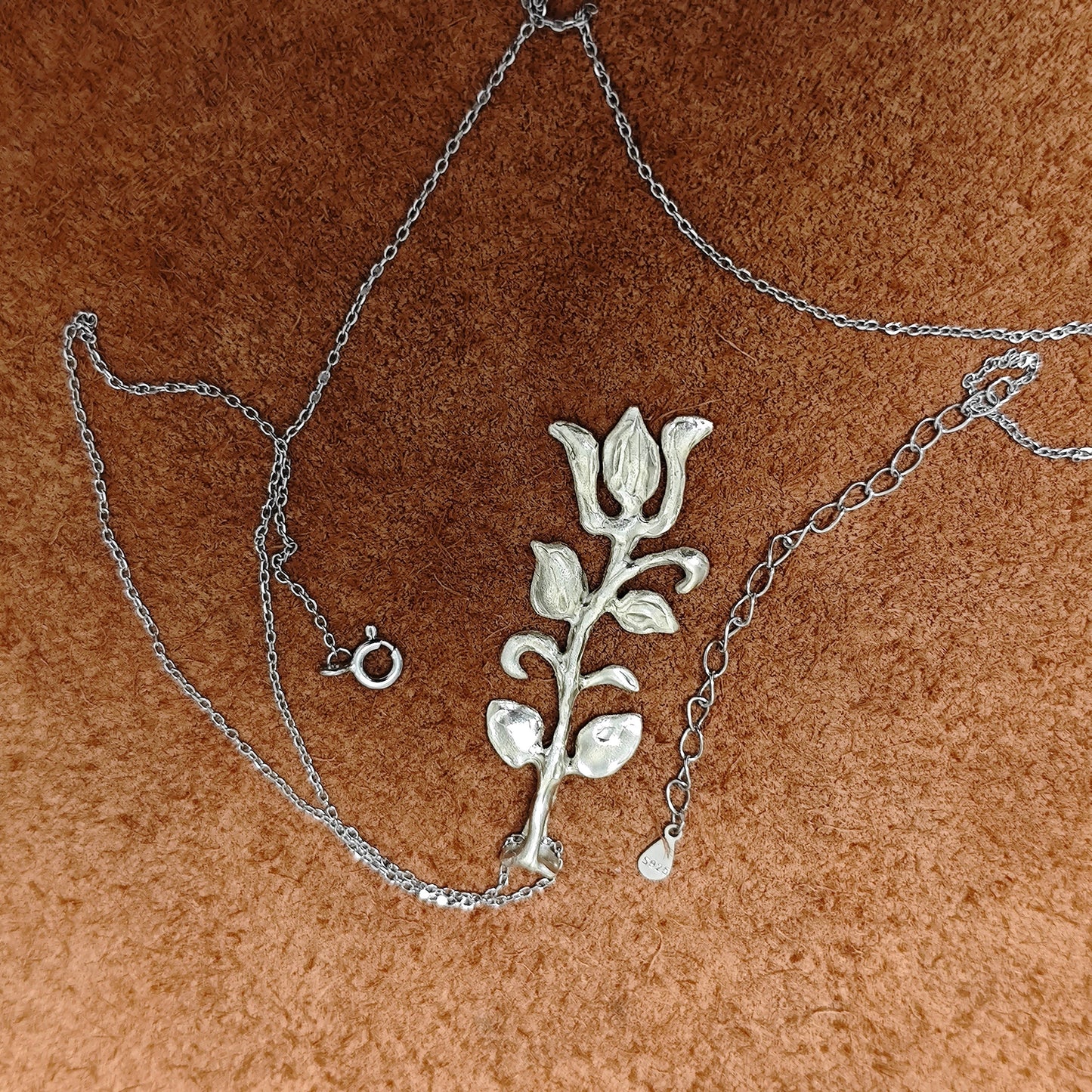 Lost wax casting handmade sterling silver flowering plant pendant necklace