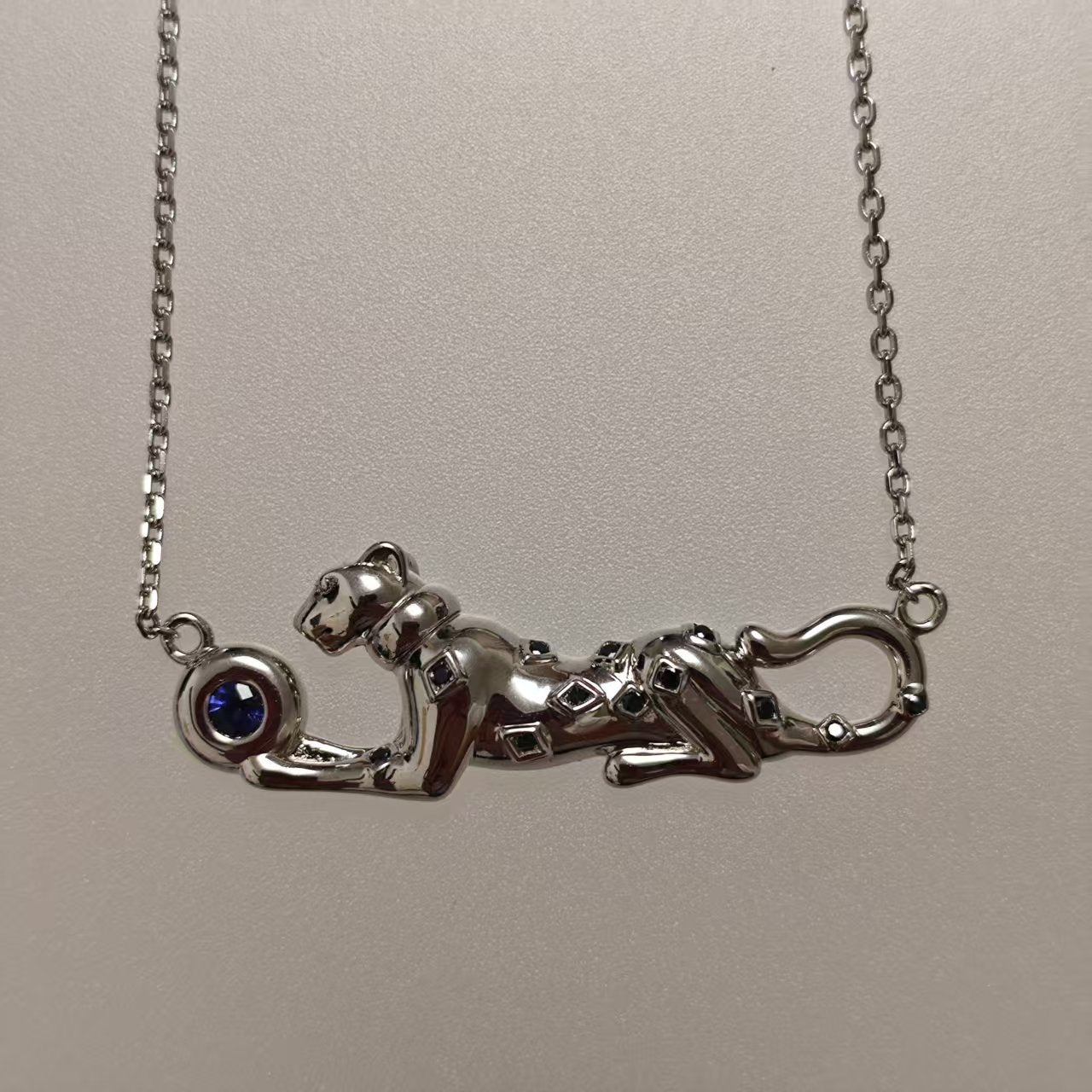 Handmade S925 Silver Leopard Necklace with Natural Sapphire & Black Diamond