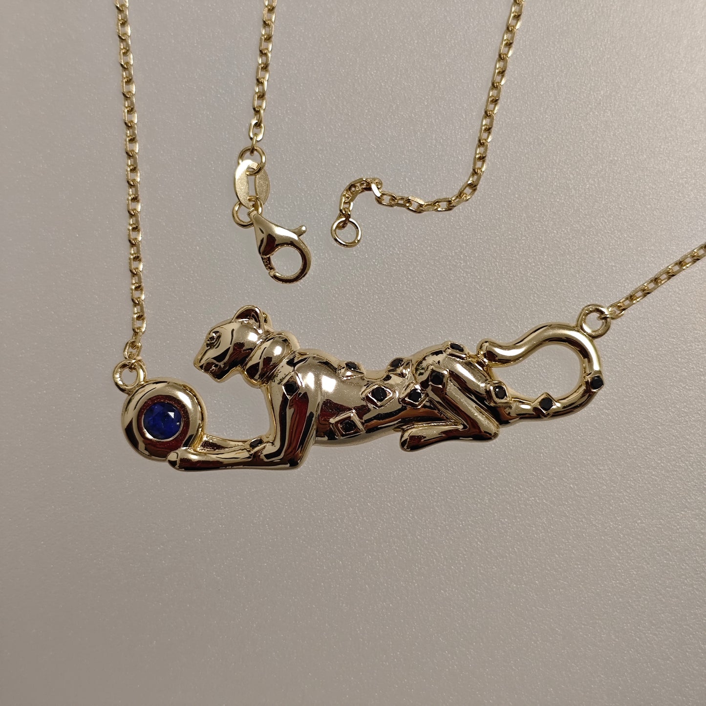 Handmade S925 Silver Leopard Necklace with Natural Sapphire & Black Diamond