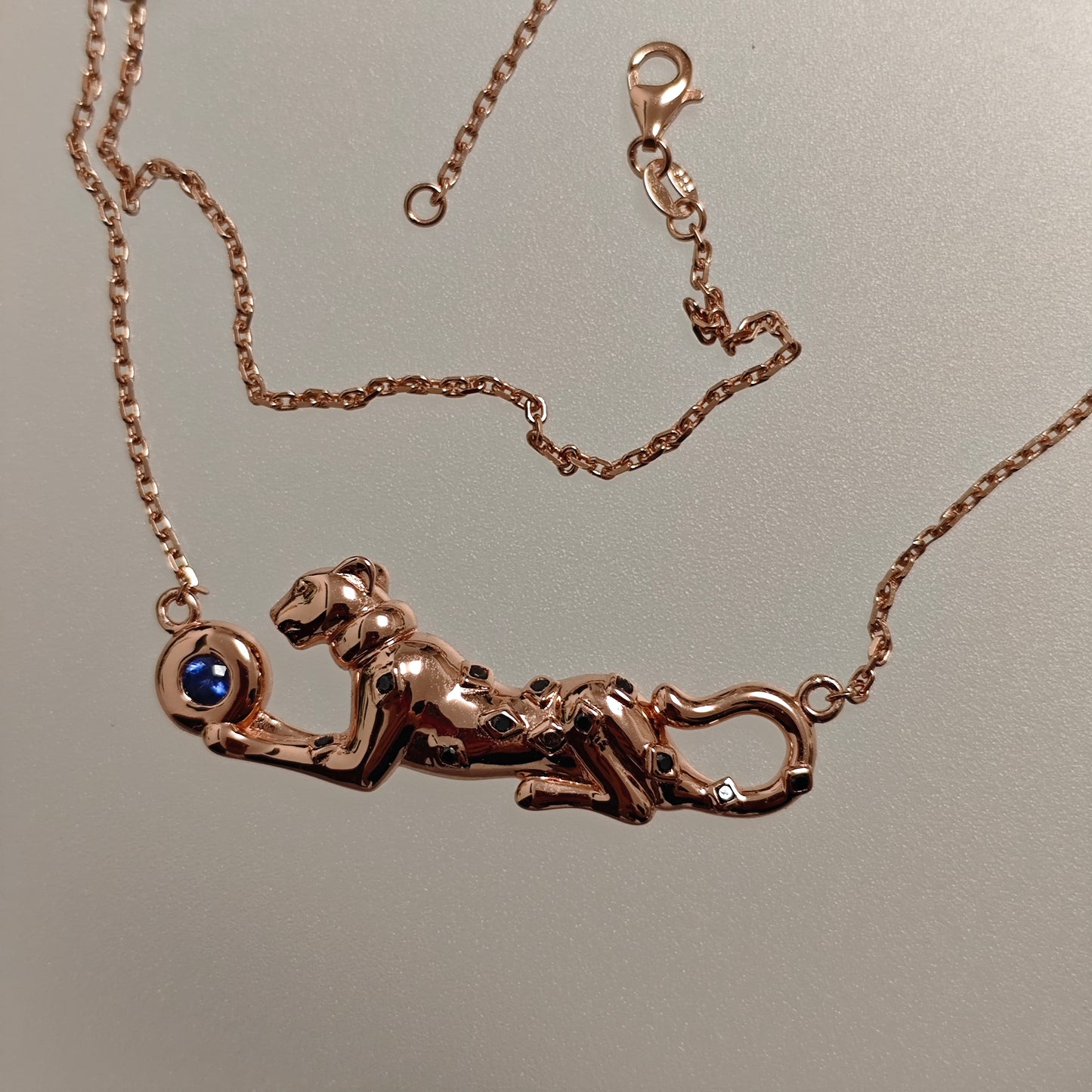 Handmade S925 Silver Leopard Necklace with Natural Sapphire & Black Diamond