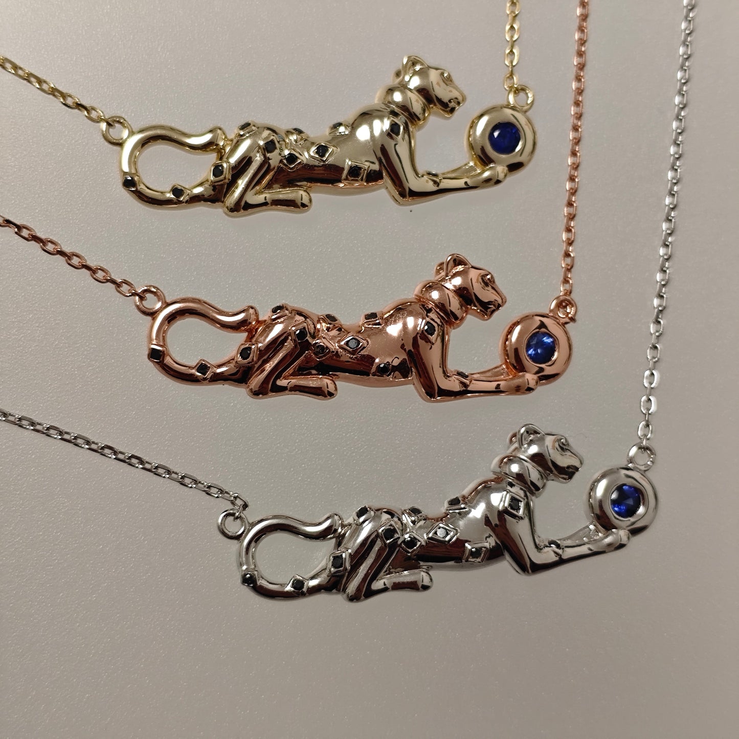 Handmade S925 Silver Leopard Necklace with Natural Sapphire & Black Diamond