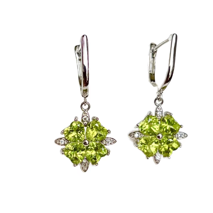 Sterling Silver S925 Natural  Peridot Gemstone Four-leaf Clover Earrings