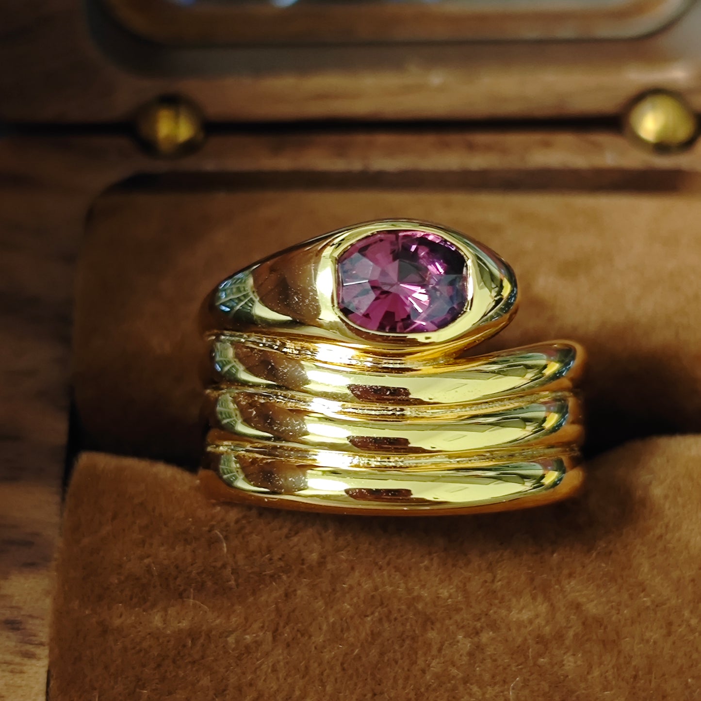 Thick Gold Plated Sterling Silver S925 Natural Red Garnet Snake Ring