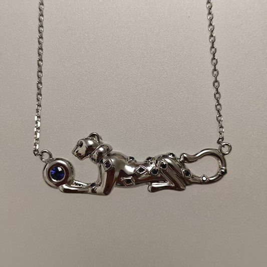 Handmade S925 Silver Leopard Necklace with Natural Sapphire & Black Diamond
